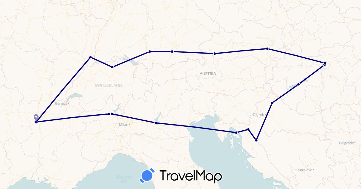 TravelMap itinerary: driving in Austria, Switzerland, Germany, France, Croatia, Hungary, Italy (Europe)